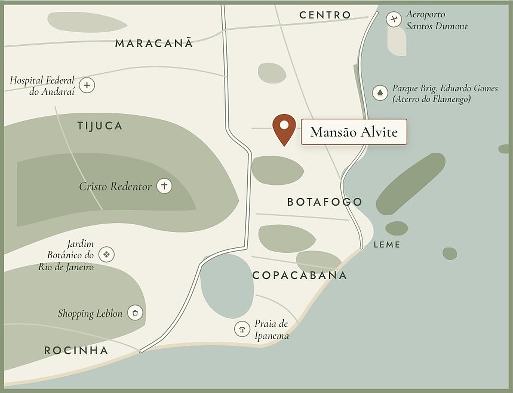 Illustrated map of Rio de Janeiro with a pin on Mansão Alvite
