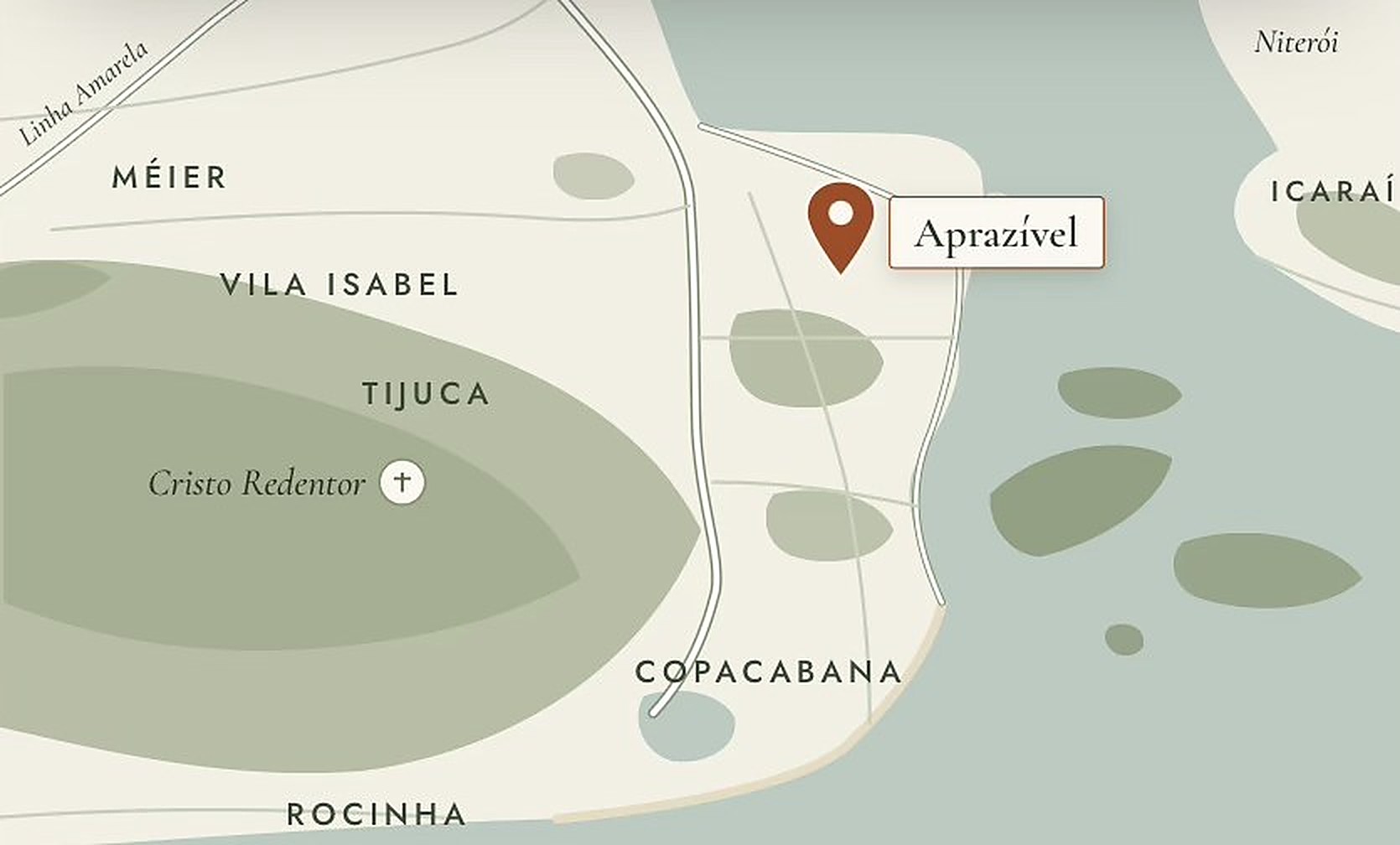 Illustrated map of Rio de Janeiro with a pin on Aprazível